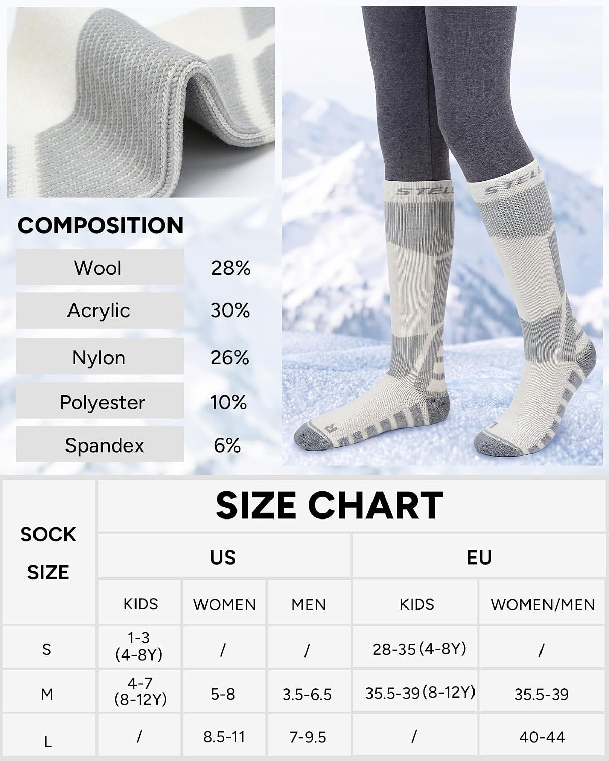 Stelle Wool Ski Socks for Kids Men Women, Winter Warm Knee High Socks(3 White)
