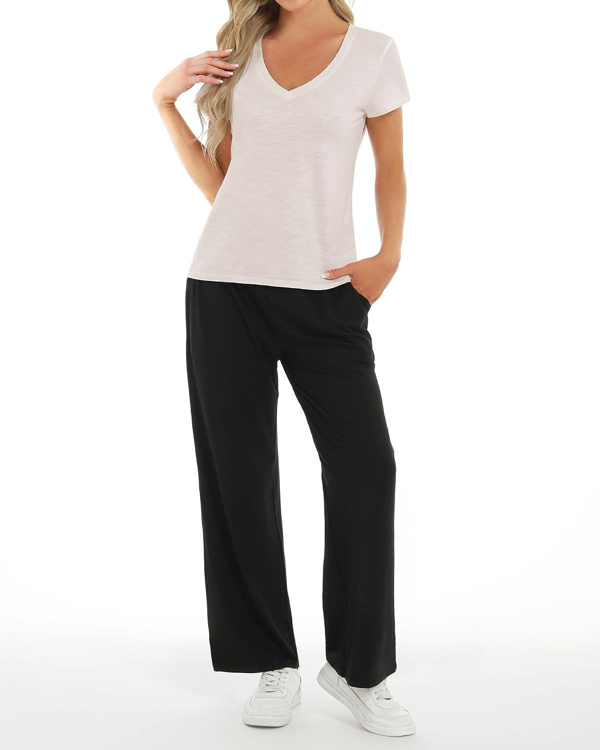 Stelle Womens Modal Soft T Shirts Short Sleeve V Neck Basic Tee(Oat Milk)
