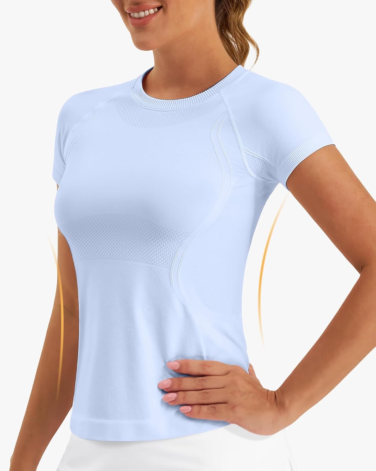 Stelle Women Workout Tops Short Sleeve Seamless Athletic Shirts Yoga Gym Sports Breathable Tees(Short Sleeve-blue)