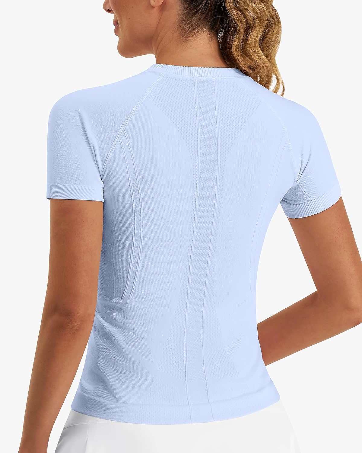 Stelle Women Workout Tops Short Sleeve Seamless Athletic Shirts Yoga Gym Sports Breathable Tees(Short Sleeve-blue)