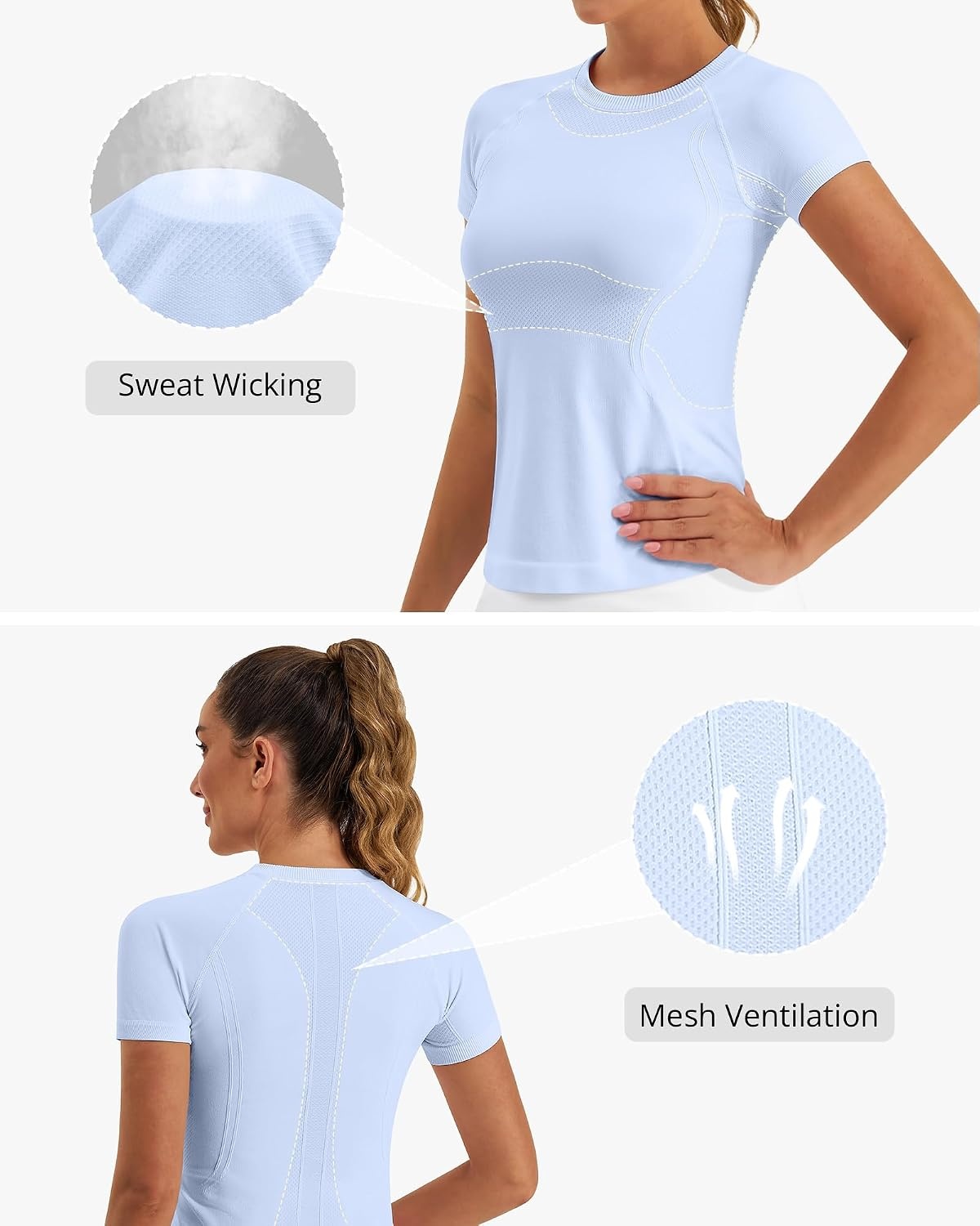 Stelle Women Workout Tops Short Sleeve Seamless Athletic Shirts Yoga Gym Sports Breathable Tees(Short Sleeve-blue)