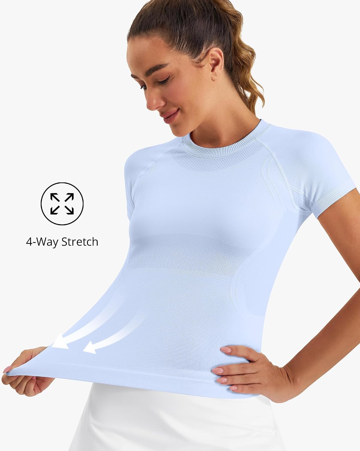 Stelle Women Workout Tops Short Sleeve Seamless Athletic Shirts Yoga Gym Sports Breathable Tees(Short Sleeve-blue)