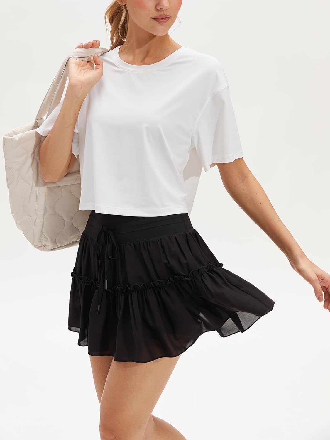 Stelle Women’s High Waist Skorts with Shorts Pockets Flowy Ruffle Skirts Mini Tiered Layered Short Skirt Casual Summer(Black)