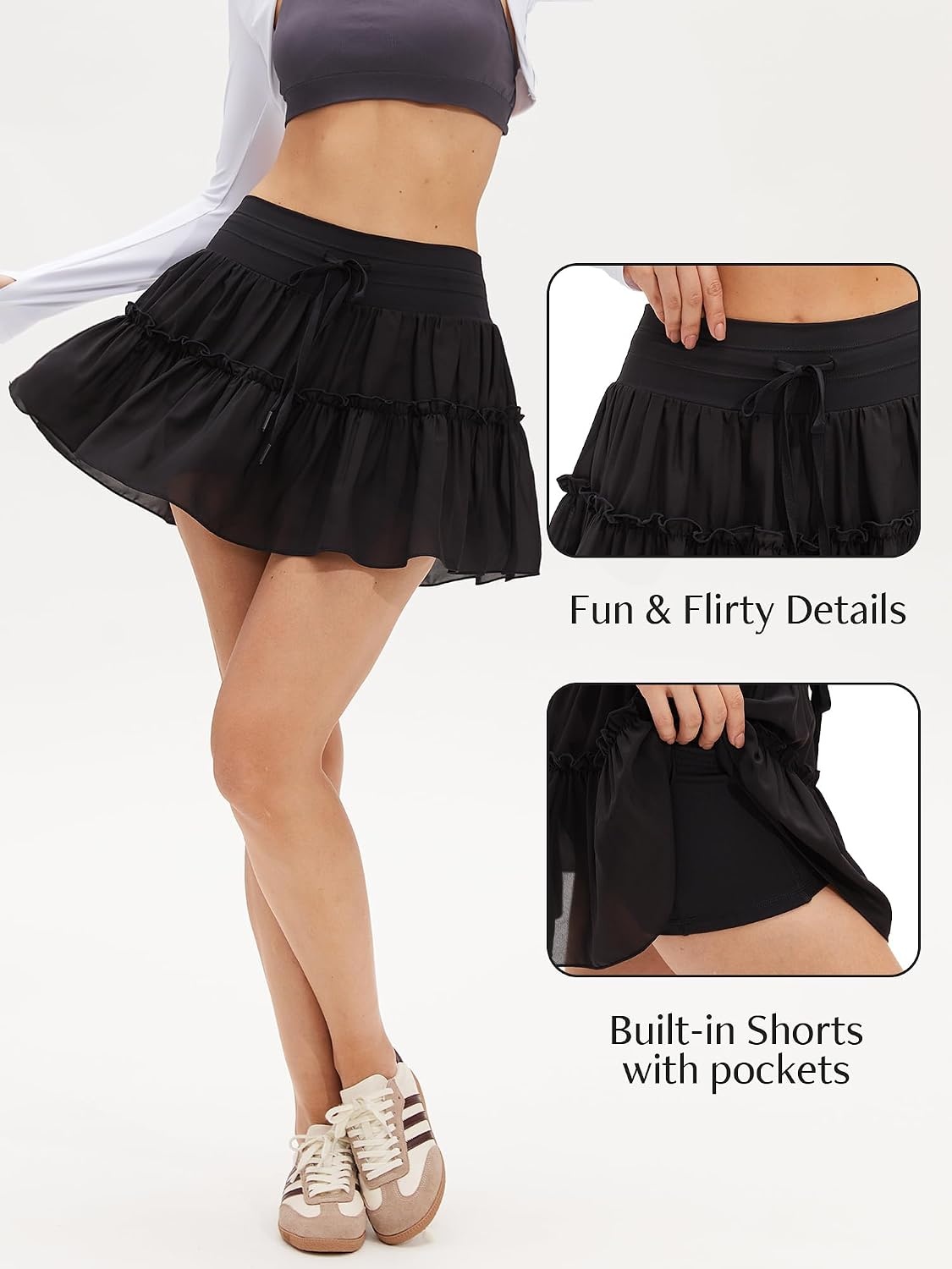 Stelle Women’s High Waist Skorts with Shorts Pockets Flowy Ruffle Skirts Mini Tiered Layered Short Skirt Casual Summer(Black)