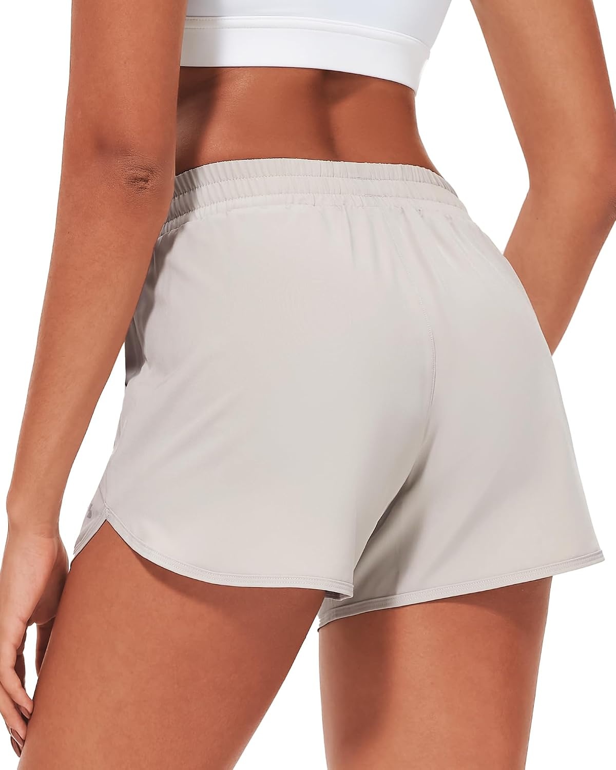 Stelle Womens 3″ Running Shorts Mesh Liner High Waisted Workout Shorts Quick Dry Dolphin Athletic Shorts with Pockets(Sandy Grey)