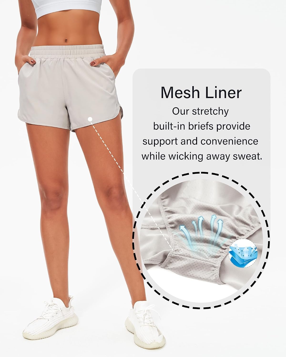 Stelle Womens 3″ Running Shorts Mesh Liner High Waisted Workout Shorts Quick Dry Dolphin Athletic Shorts with Pockets(Sandy Grey)