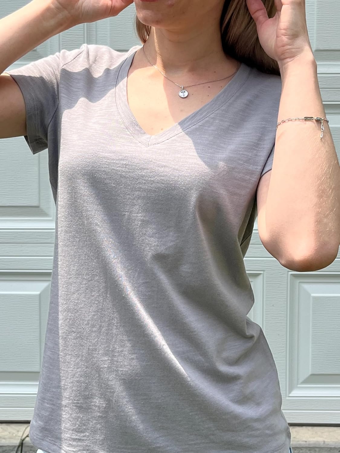 Stelle Womens Modal Soft T Shirts Short Sleeve V Neck Basic Tee Casual Loose Fit Tops Lightweight Soft Summer Outfits Clothes(Grey)