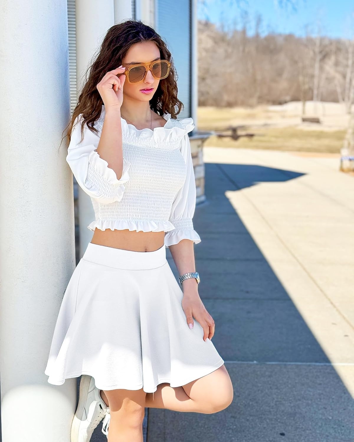 Stelle Women’s Casual Skort with Shorts Basic Versatile Stretchy Flared Pleated Skater Mini Skirts(White)