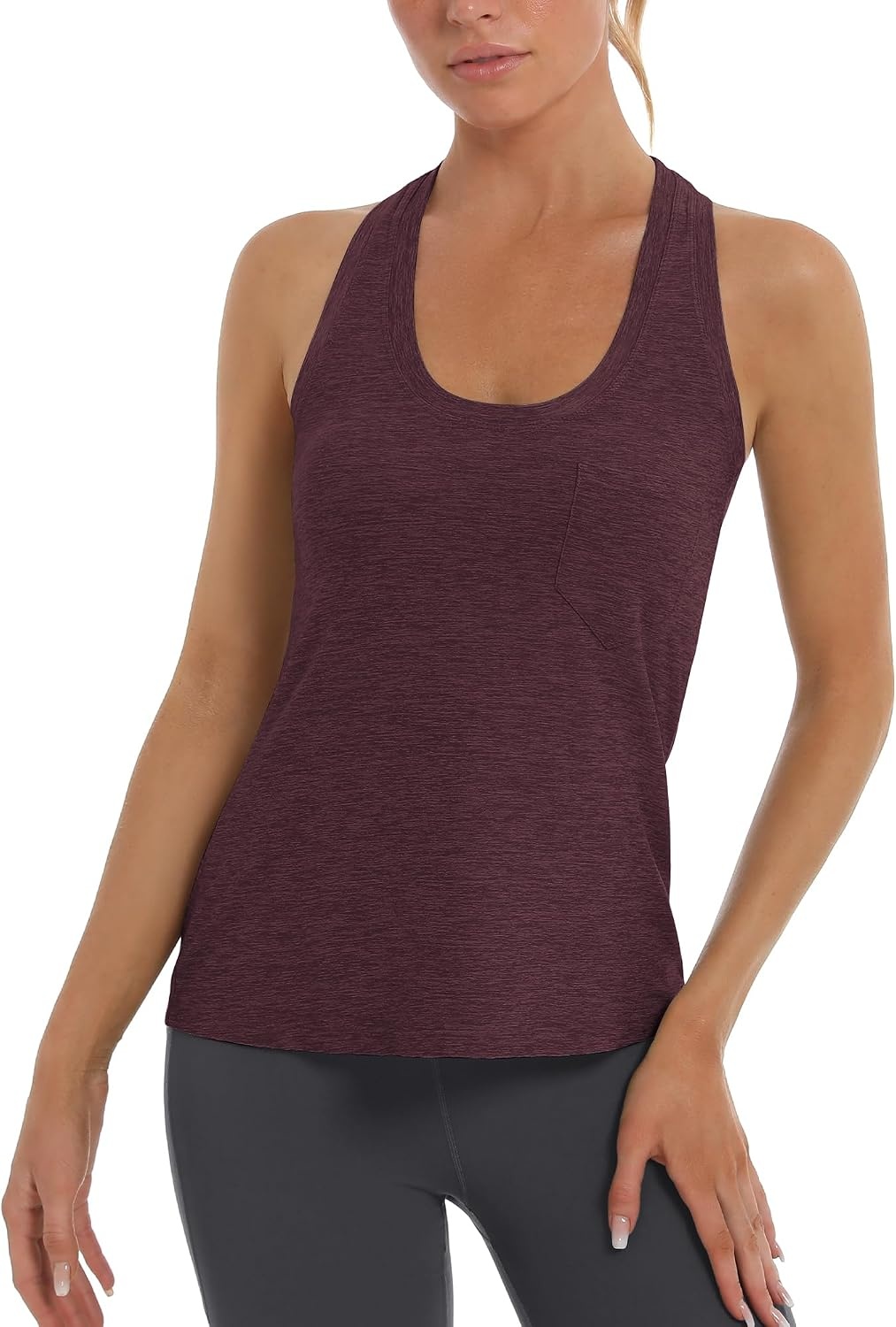 Stelle Workout Tank Tops for Women, Athletic Scoop Neck Racerback Shirt with Chest Pocket, Yoga Gym Running Summer Top(Heather Burgundy)