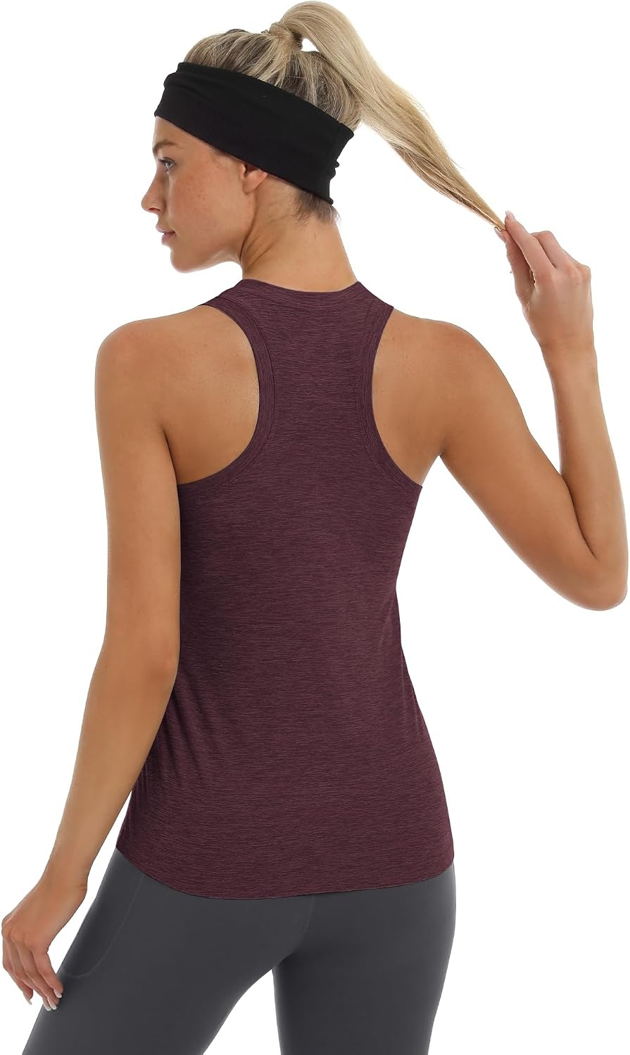 Stelle Workout Tank Tops for Women, Athletic Scoop Neck Racerback Shirt with Chest Pocket, Yoga Gym Running Summer Top(Heather Burgundy)