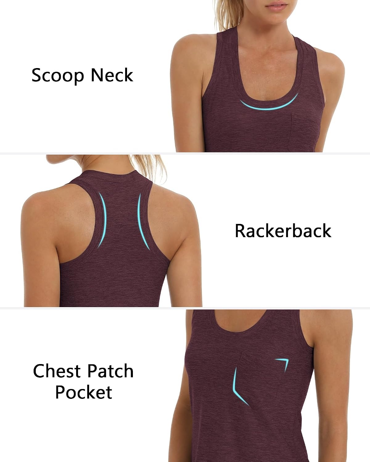 Stelle Workout Tank Tops for Women, Athletic Scoop Neck Racerback Shirt with Chest Pocket, Yoga Gym Running Summer Top(Heather Burgundy)