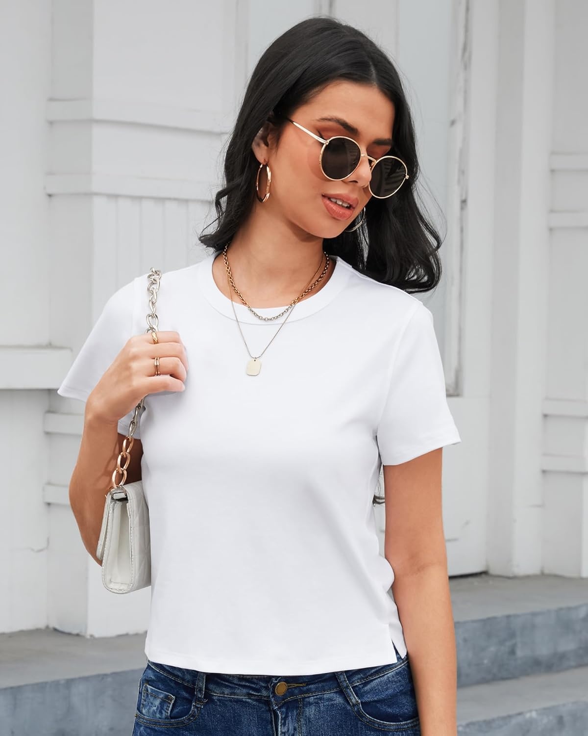 Stelle Women’s Cotton T-Shirts Crewneck Short Sleeve Basic Tees Summer Casual Solid Crop Tops(White)