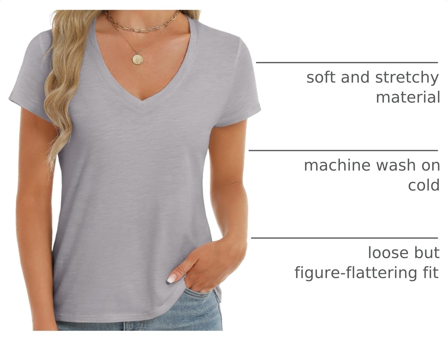 Stelle Womens Modal Soft T Shirts Short Sleeve V Neck Basic Tee | Breathable fabric, Loose Fit, Lightweight, Layering essential, Streetwear, Summer Outfits(Grey)