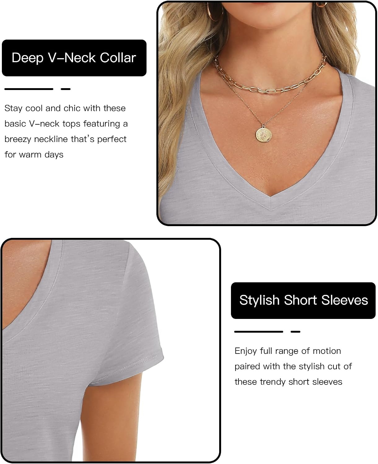 Stelle Womens Modal Soft T Shirts Short Sleeve V Neck Basic Tee | Breathable fabric, Loose Fit, Lightweight, Layering essential, Streetwear, Summer Outfits(Grey)