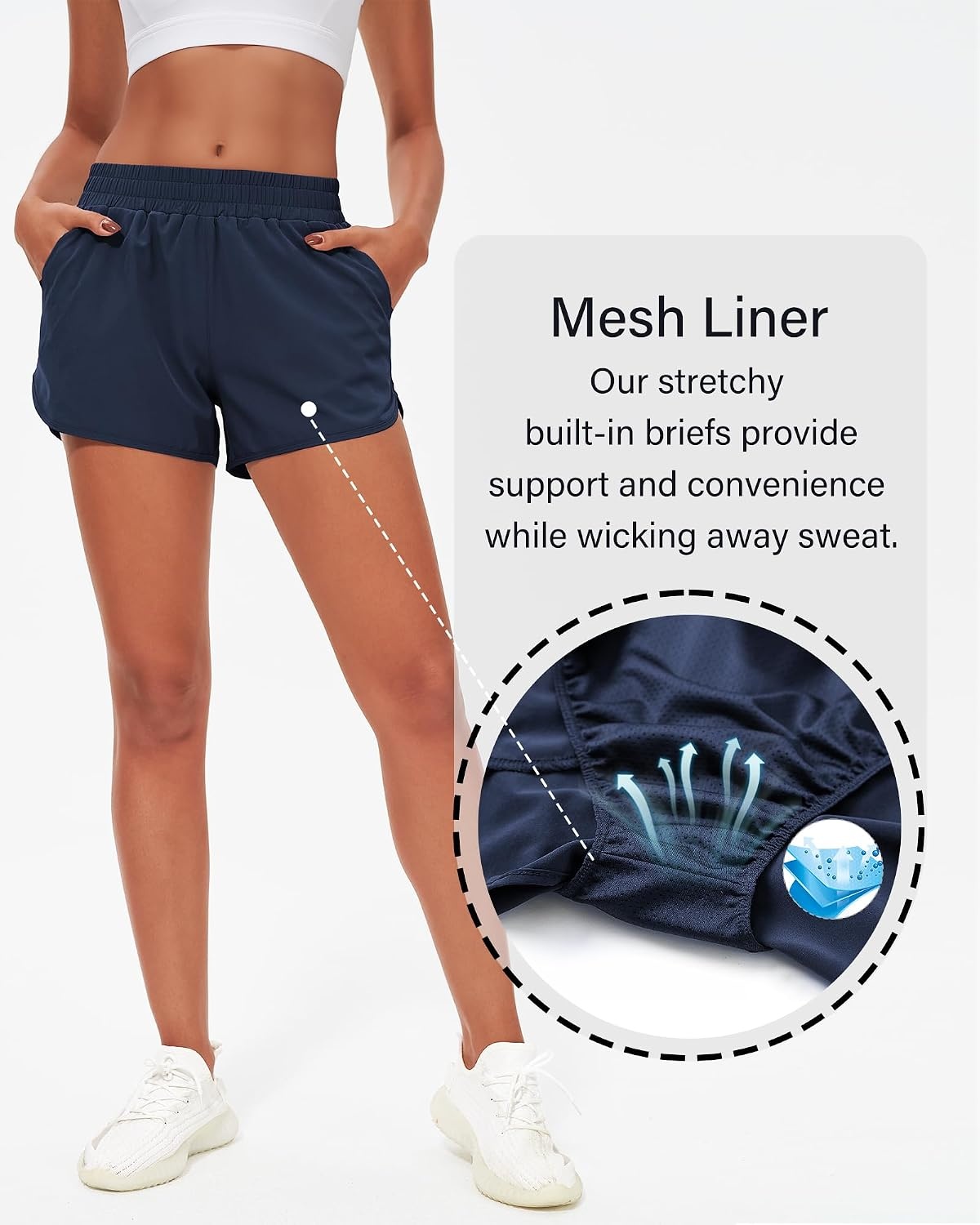 Stelle Womens 3″ Running Shorts Mesh Liner High Waisted Workout Shorts Quick Dry Dolphin Athletic Shorts with Pockets(Navy)