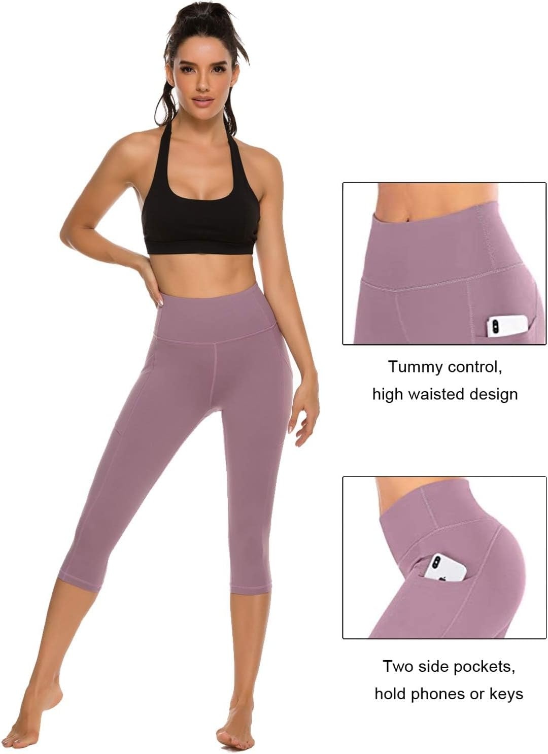 Stelle Women’s Capri Yoga Pants with Pockets Essential High Waisted Leggings for Workout(Cotton Like Softness-dusty Lavender)