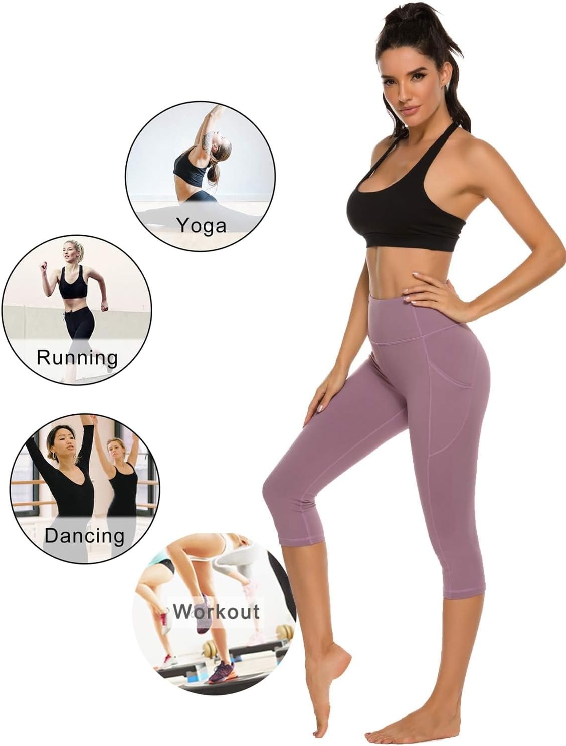 Stelle Women’s Capri Yoga Pants with Pockets Essential High Waisted Leggings for Workout(Cotton Like Softness-dusty Lavender)