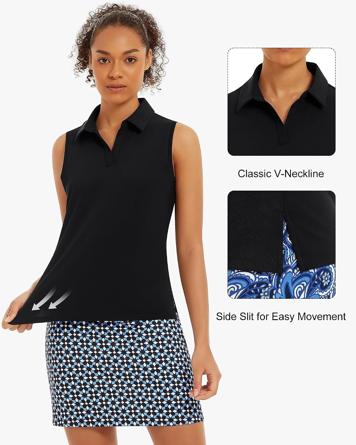 Stelle Women’s Sleeveless Golf Polo Shirts UPF 50+ Collared V Neck Dry Fit Lightweight Workout Tennis Tank Tops(Black)