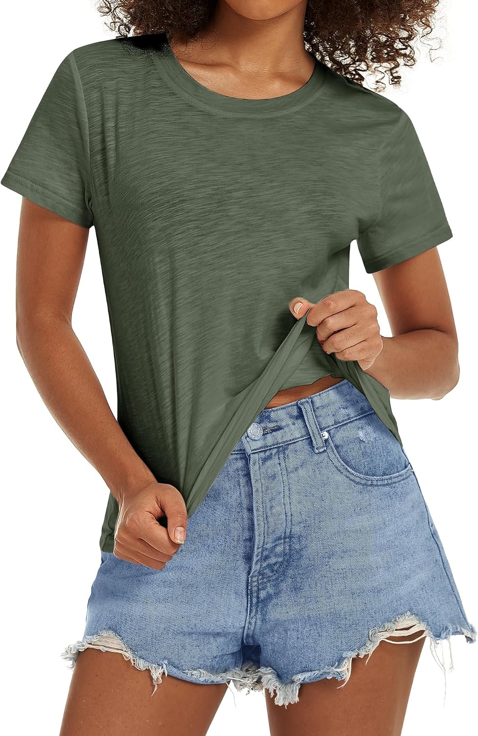 Stelle Women’s Classic Crewneck T-Shirt Cotton Modal Casual Everyday Top(Army Green)