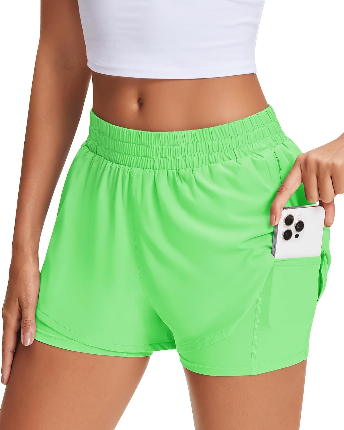 Stelle Women’s 2 in 1 Running Shorts Gym Athletic Shorts with Zip Pockets | High Waisted, 2 in 1 Athletic Shorts, Supportive Liner, Built-In Pockets, Running, Workout, Gym Training(Neon Green)