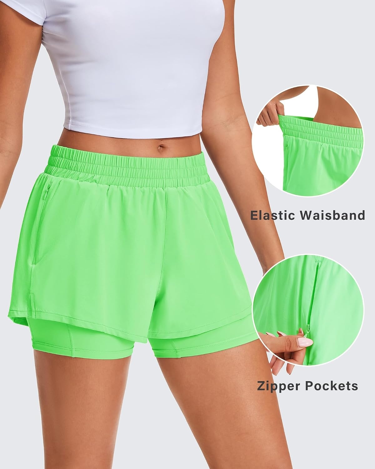 Stelle Women’s 2 in 1 Running Shorts Gym Athletic Shorts with Zip Pockets | High Waisted, 2 in 1 Athletic Shorts, Supportive Liner, Built-In Pockets, Running, Workout, Gym Training(Neon Green)