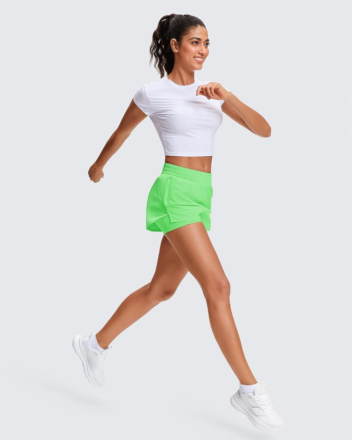 Stelle Women’s 2 in 1 Running Shorts Gym Athletic Shorts with Zip Pockets | High Waisted, 2 in 1 Athletic Shorts, Supportive Liner, Built-In Pockets, Running, Workout, Gym Training(Neon Green)