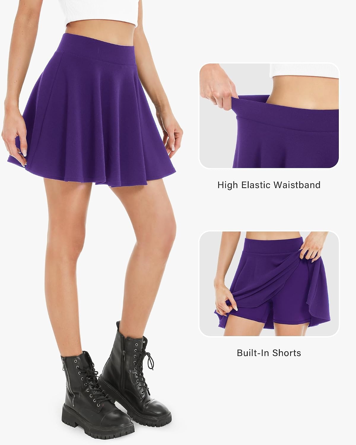 Stelle Women’s Casual Skort with Shorts Basic Versatile Stretchy Flared Pleated Skater Mini Skirts(Purple)