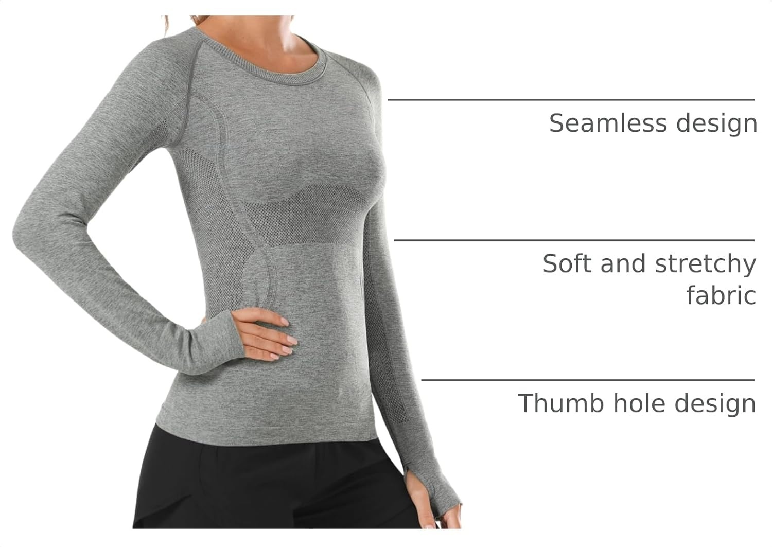 Stelle Womens Seamless Long Sleeve Workout Tops Compression Athletic Shirts | Seamless construction, Moisture-wicking fabric, Four-way stretch, Breathable, Soft, Thumbholes, Fitness, Active performance(Grey)