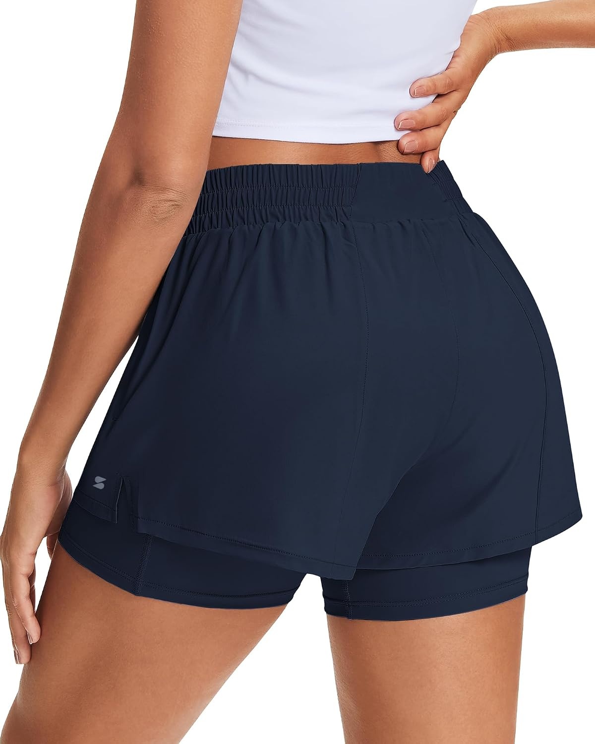 Stelle Women’s 2 in 1 Running Shorts Athletic Workout Gym Shorts High Waisted Shorts with Liner Zipper Pockets(Navy)