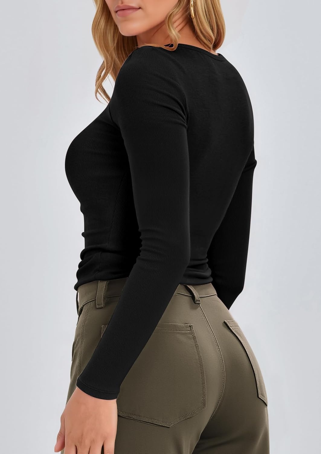 Stelle Long Sleeve Henley Shirts for Women Casual Basic Crop Top Ribbed Knit Button Slim Fitted Tshirts(Black)