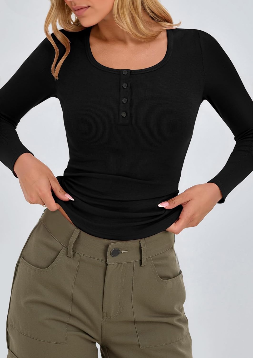 Stelle Long Sleeve Henley Shirts for Women Casual Basic Crop Top Ribbed Knit Button Slim Fitted Tshirts(Black)