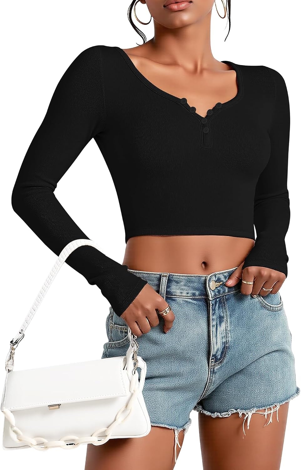 Stelle Women Henley Long Sleeve Crop Tops Ribbed Knit Button Slim Fitted Tops Casual Basic T Shirts(Black)