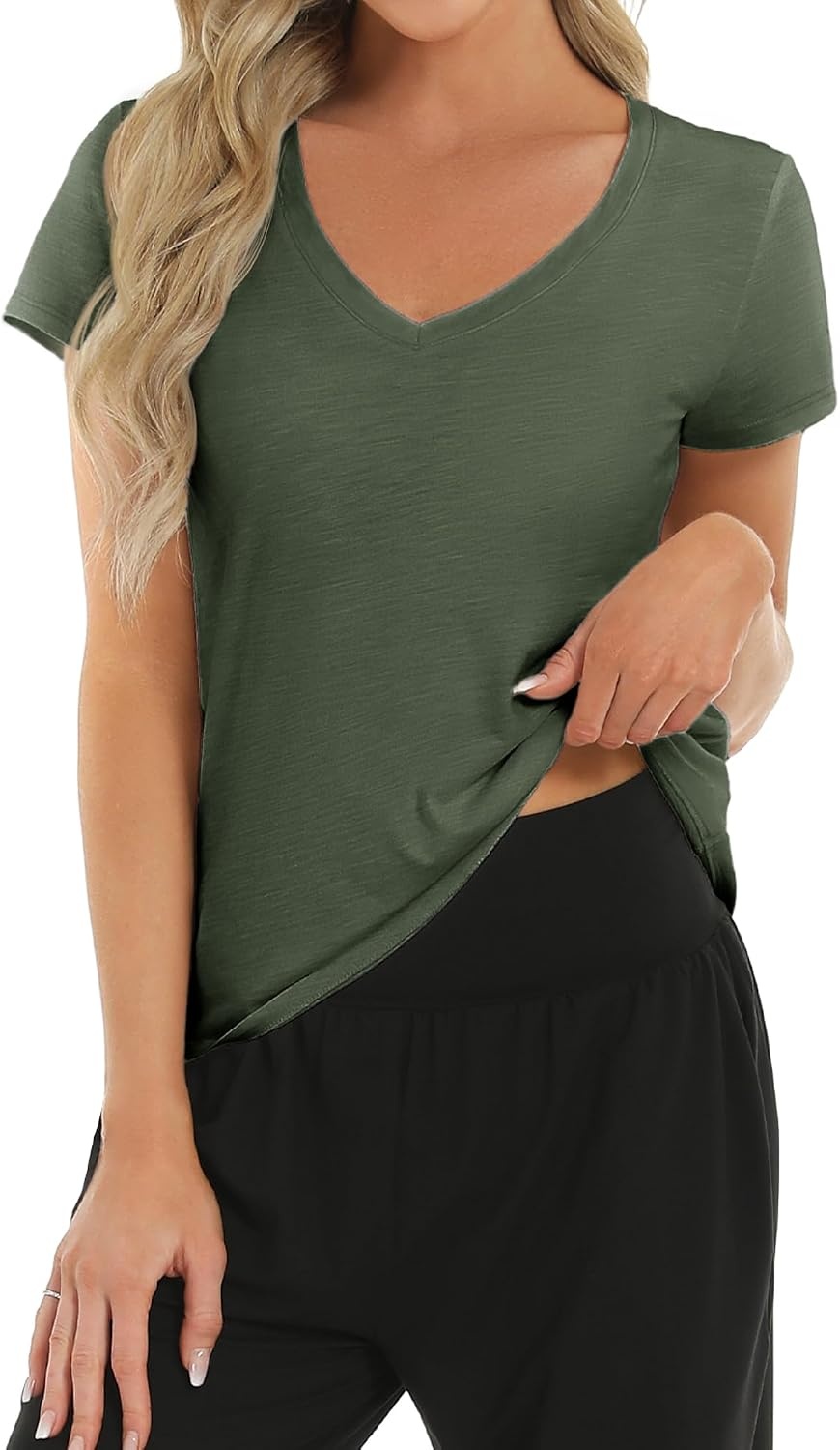 Stelle Womens Modal Soft T Shirts Short Sleeve V Neck Basic Tee(Army Green)