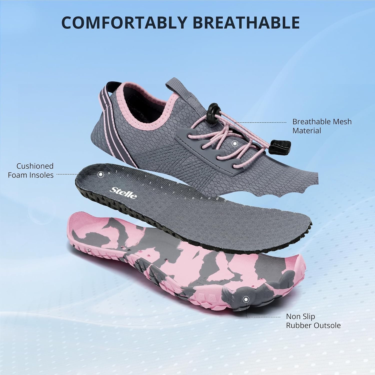 Stelle Womens Water Shoes for Men Adult Aqua Shoes for Swim River | Hiking Beach Boat Pool Quick-Dry Mesh Barefoot Non-Slip Rubber Outsole Lightweight Easy-On Pull Tabs Water Sports(Grey)