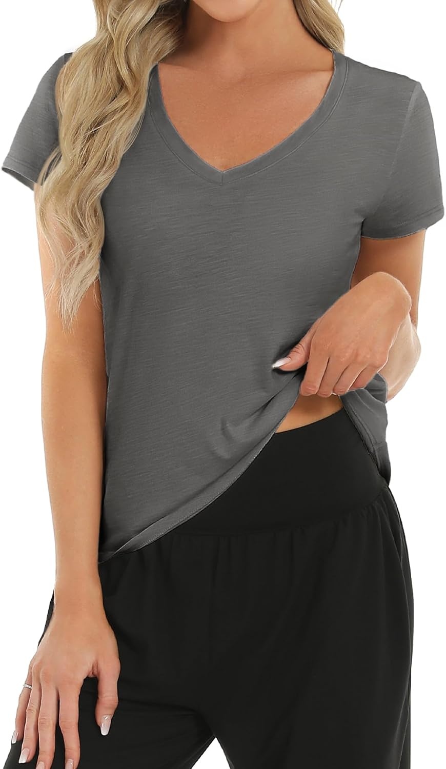 Stelle Womens Modal Soft T Shirts Short Sleeve V Neck Basic Tee(Dark Grey)