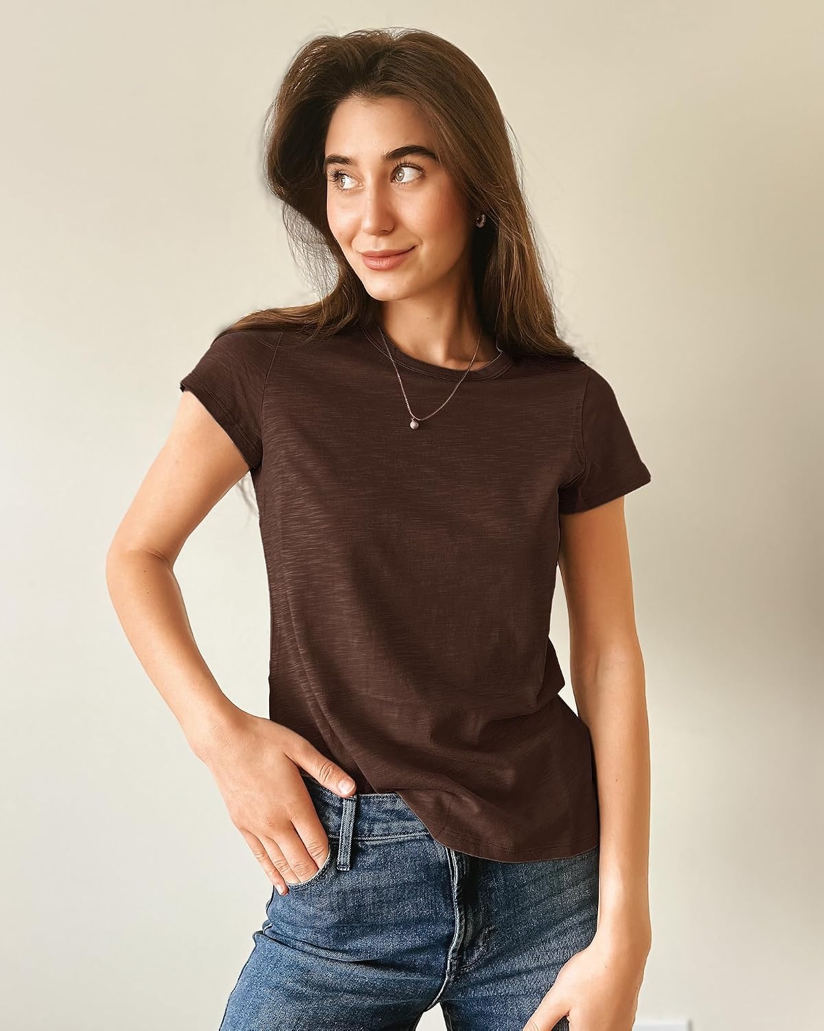Stelle Womens Modal Soft Crewneck Short Sleeve T Shirts Basic Tees(Cocoa)
