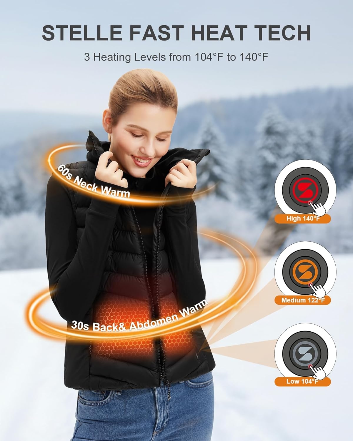 Stelle Heated Vest Women, (Power Bank Not Included) Smart Warming Electric Heating Puffer Vest Lightweight Fleece(Black)