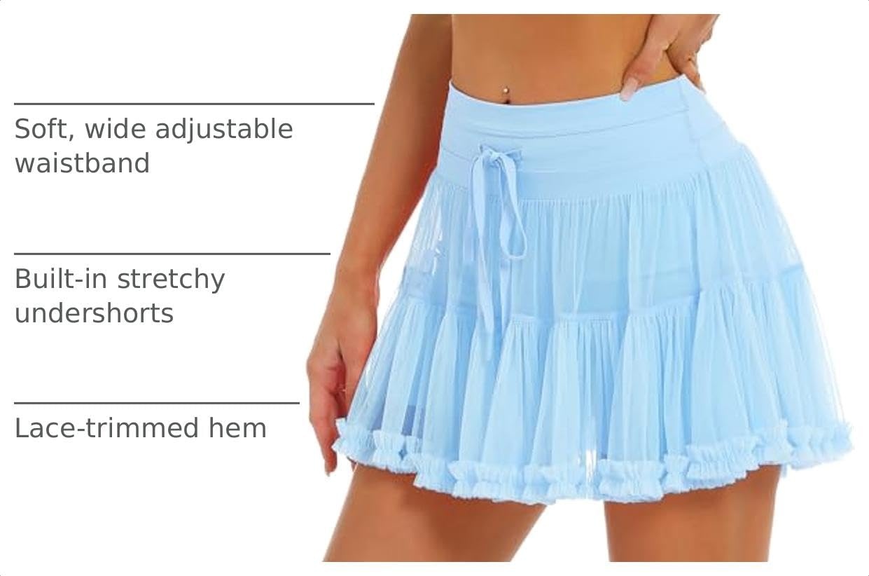 Stelle Womens Tiered Ruffle Tennis Athletic Skirts with Built in Shorts(Light Blue)