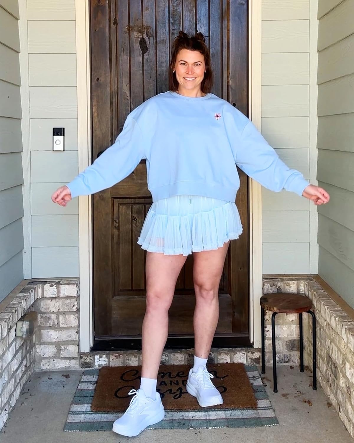 Stelle Womens Tiered Ruffle Tennis Athletic Skirts with Built in Shorts(Light Blue)