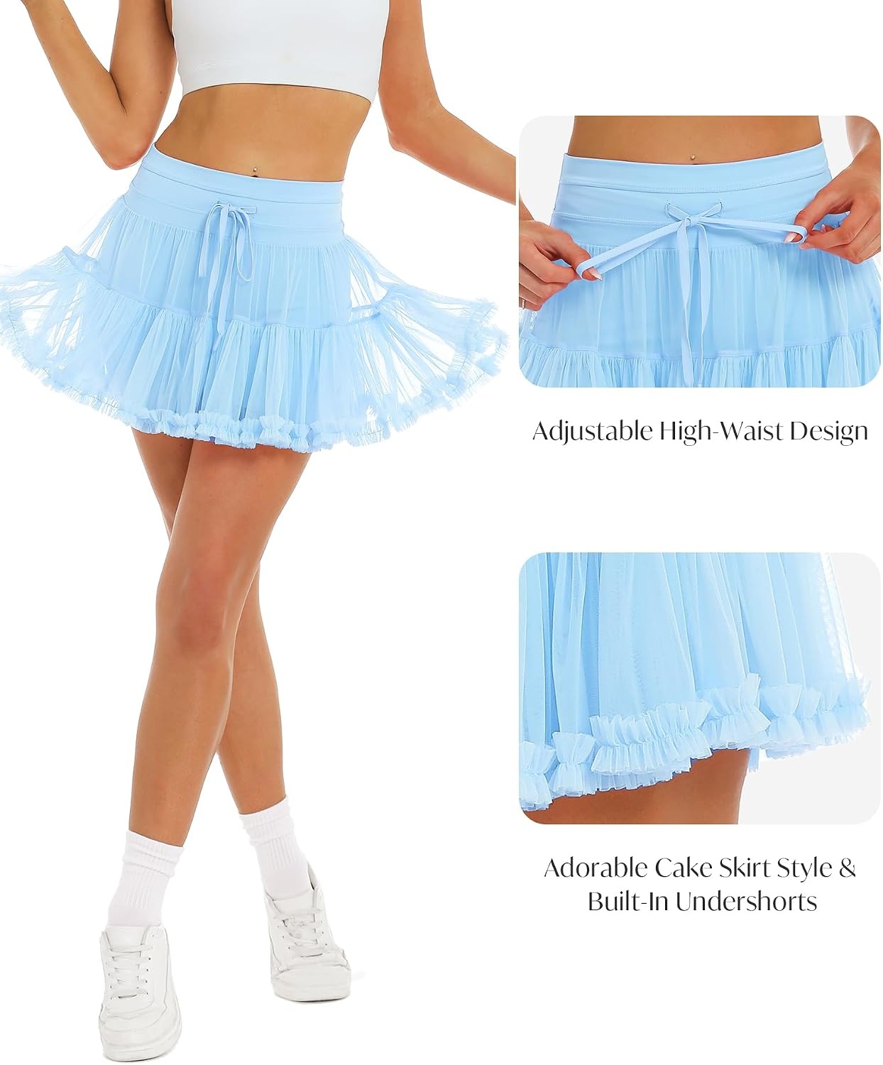 Stelle Womens Tiered Ruffle Tennis Athletic Skirts with Built in Shorts(Light Blue)