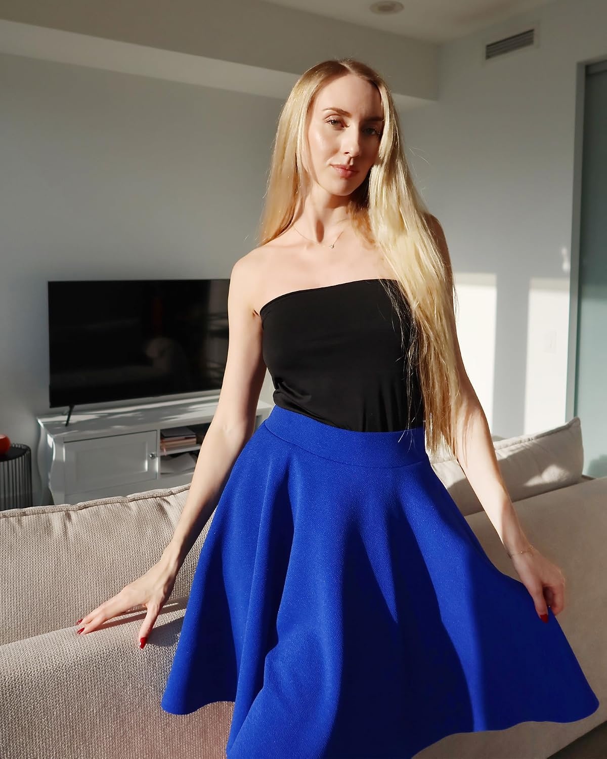 STELLE Women’s 21″ Knee Length Skirts with Pockets Casual Basic Midi Skirt Stretchy High Waisted Skater Flared Pleated(Cobalt Blue)