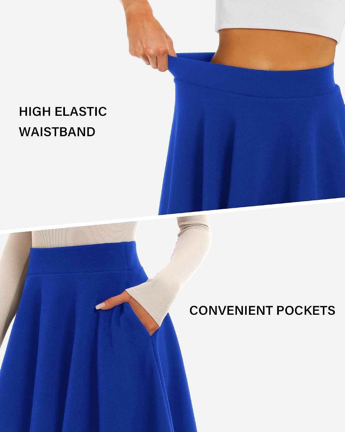 STELLE Women’s 21″ Knee Length Skirts with Pockets Casual Basic Midi Skirt Stretchy High Waisted Skater Flared Pleated(Cobalt Blue)