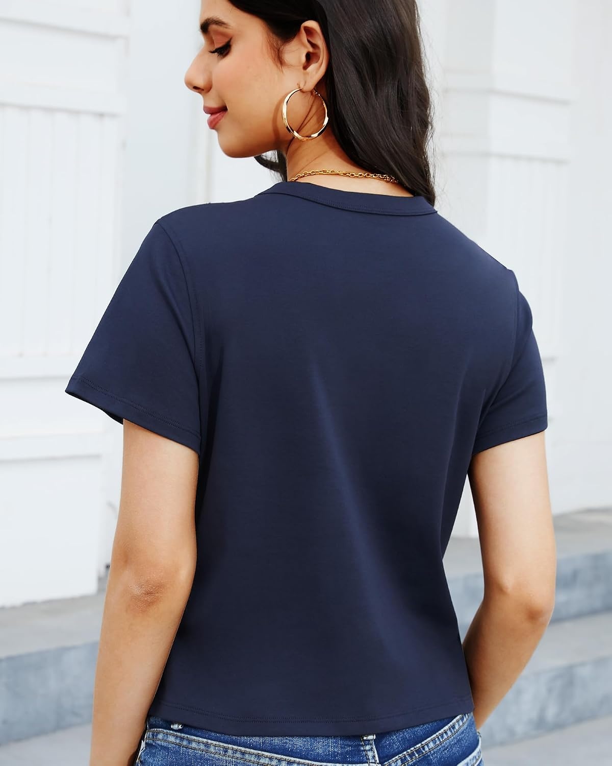 Stelle Women’s Cotton T-Shirts Crewneck Short Sleeve Basic Tees Summer Casual Solid Crop Tops(Navy)