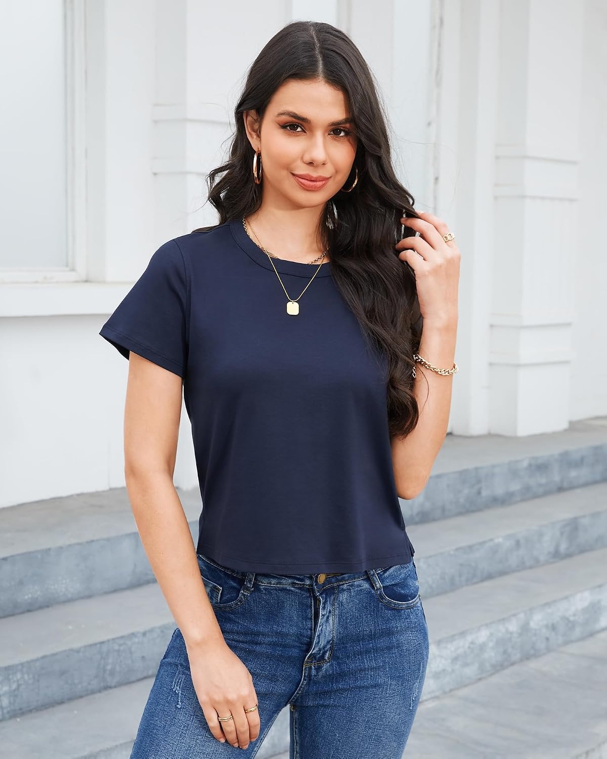 Stelle Women’s Cotton T-Shirts Crewneck Short Sleeve Basic Tees Summer Casual Solid Crop Tops(Navy)