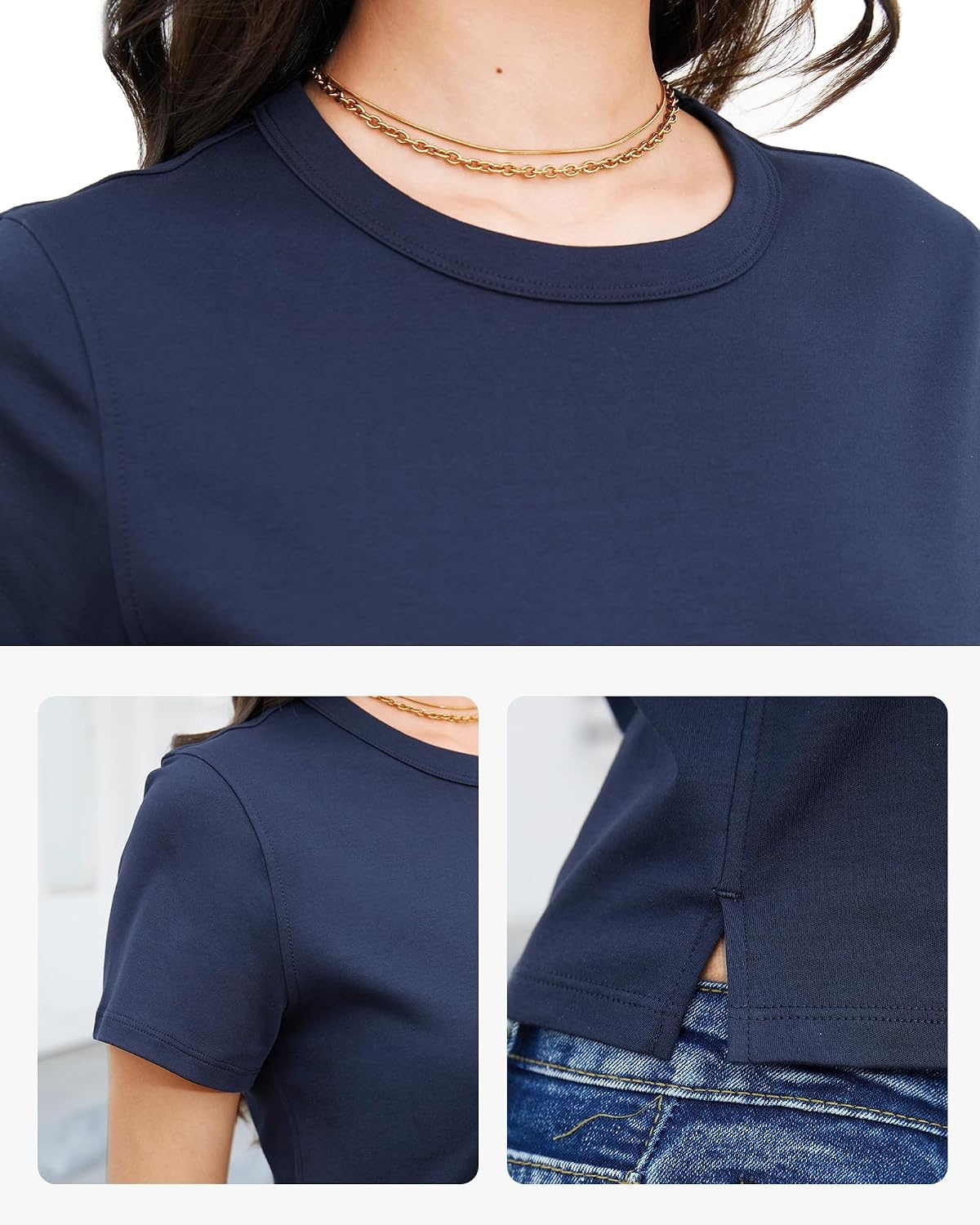 Stelle Women’s Cotton T-Shirts Crewneck Short Sleeve Basic Tees Summer Casual Solid Crop Tops(Navy)