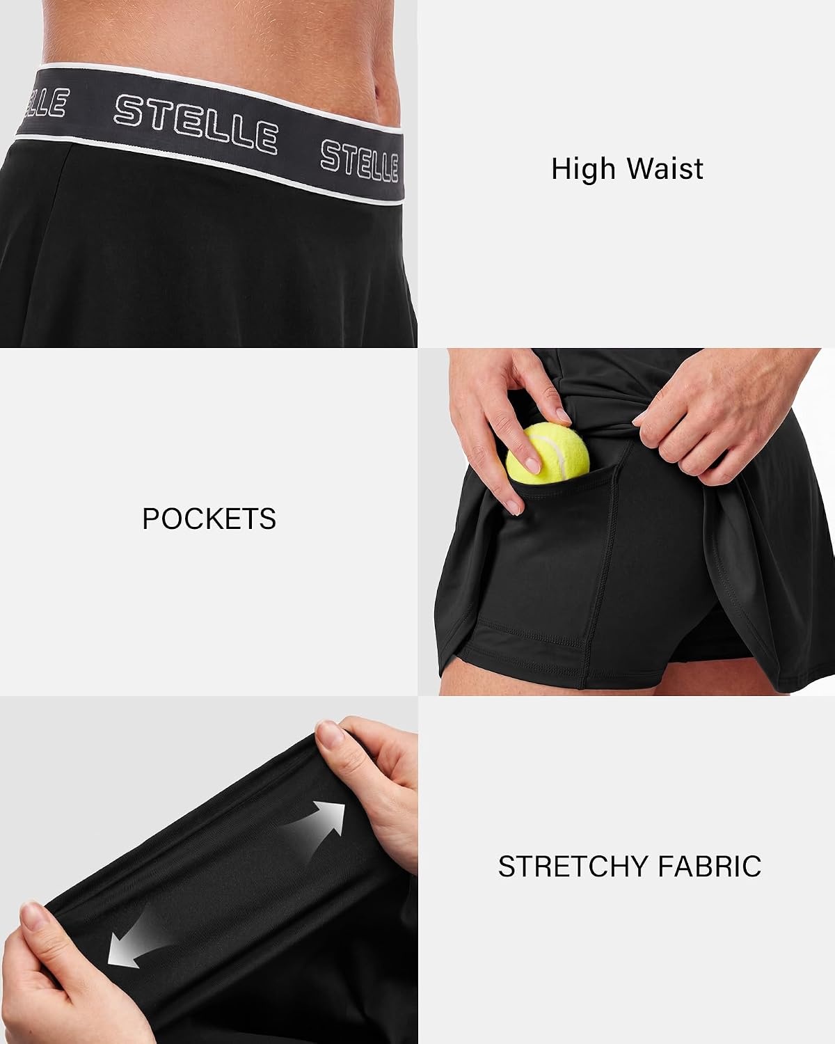 Stelle Women Skort High Waisted Tennis Skirt with Pockets Athletic Skorts for Sports Running Pickleball Skater(Black)