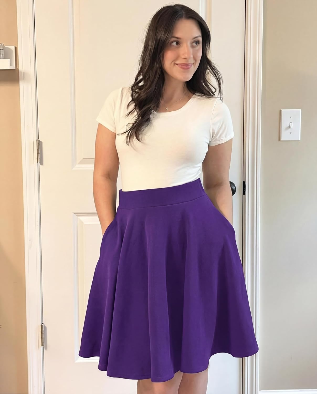 STELLE Women’s 21″ Knee Length Skirts with Pockets Casual Basic Midi Skirt Stretchy High Waisted Skater Flared Pleated(Purple)