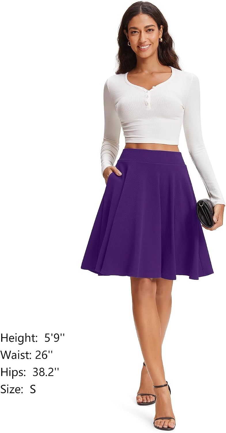 STELLE Women’s 21″ Knee Length Skirts with Pockets Casual Basic Midi Skirt Stretchy High Waisted Skater Flared Pleated(Purple)