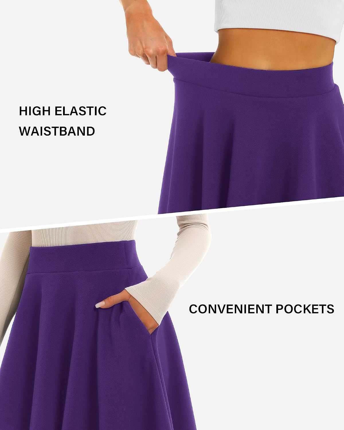 STELLE Women’s 21″ Knee Length Skirts with Pockets Casual Basic Midi Skirt Stretchy High Waisted Skater Flared Pleated(Purple)