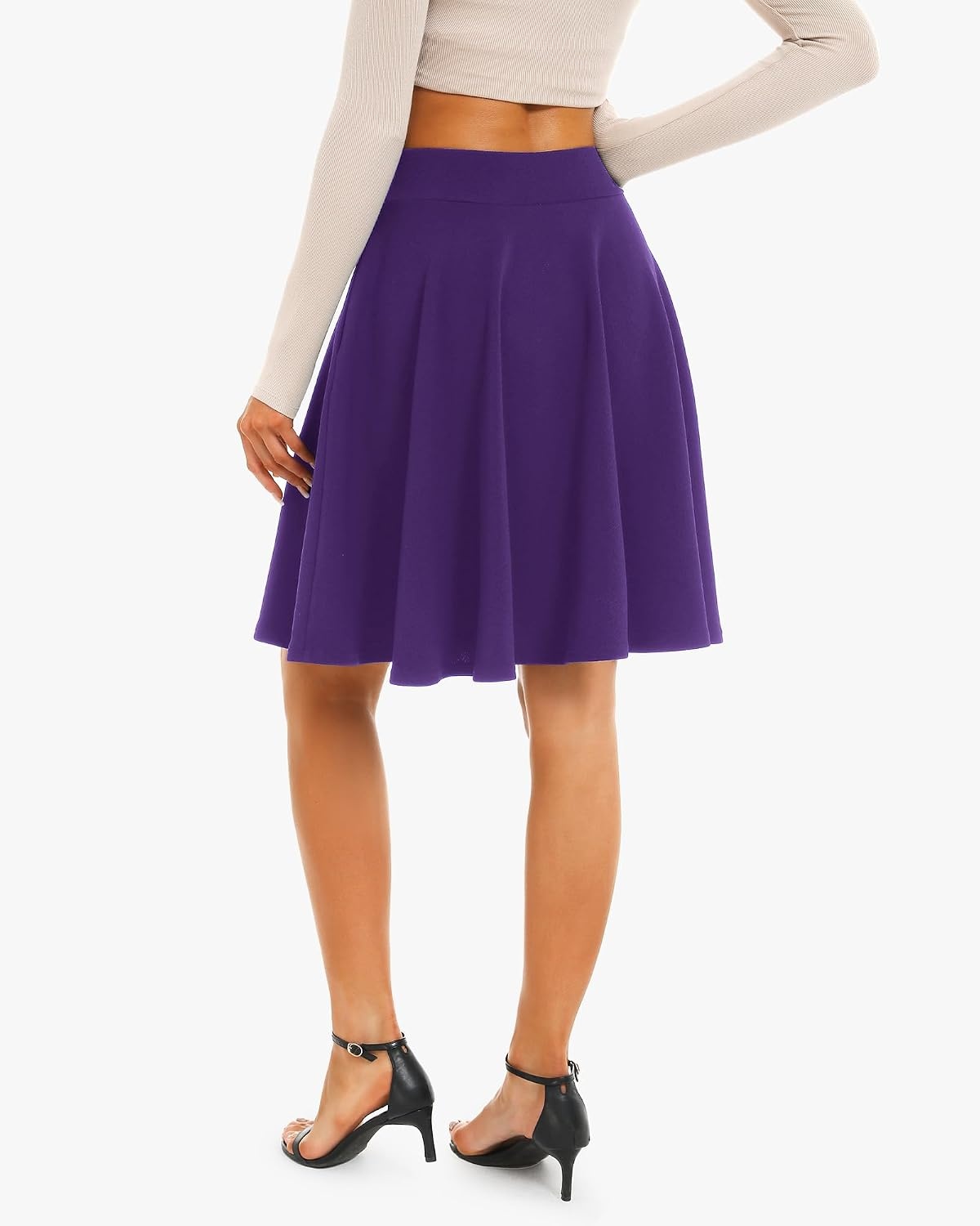STELLE Women’s 21″ Knee Length Skirts with Pockets Casual Basic Midi Skirt Stretchy High Waisted Skater Flared Pleated(Purple)